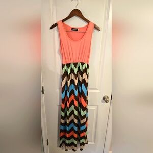 Peach Chevron Multicolor Sleeveless Tank Long Maxi Party Dress - XL